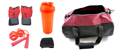 Sports 101 Jump Rope, Gloves, Wrist Wrap And Shaker Bottle With Duffel Bag Gym & Fitness Kit
