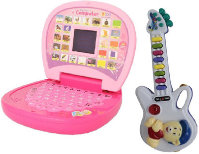 New Pinch Combo Of English Mini Laptop With Screen & Musical Guitar With Button (Multicolor)