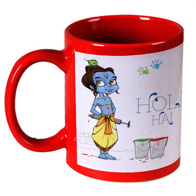 AMY Cute Krishna Cartoon Holi Hai Red Ceramic Mug 325 ml AMY Cute Krishna Cartoon Holi Hai Red Ceramic Mug 325 ml