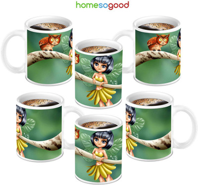 49% OFF on Homesogood Owl With Cute Fairy On Coffee Ceramic Mug 280 ml, Pack of 6