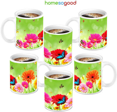 49% OFF on HomeSoGood Multicolor Flower Printed Round Ceramic Mug 280 ml, Pack of 6