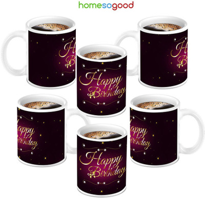 49% OFF on HomeSoGood Lovely Happy Birthday Ceramic Mug 280 ml, Pack of 6