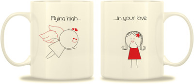 28% OFF on TwoGud Flying high in your love Bone China Mug 400 ml, Pack of 2