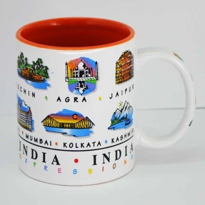 India Souvenirs 11 Oz White Mug with India Expression Design Porcelain Mug 300 ml