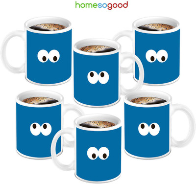 HomeSoGood Lovely Blue Ceramic Mug 280 ml, Pack of 6
