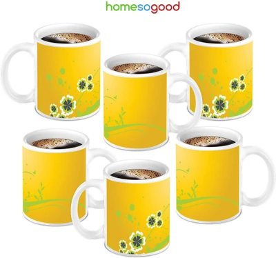 49% OFF on HomeSoGood Pretty Yellow Designed Ceramic Mug 280 ml, Pack of 6