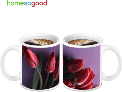 45% OFF on Homesogood Lovely Red Flowers Ceramic Mug 280 ml, Pack of 2