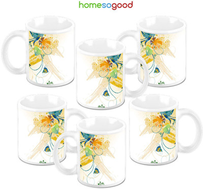 49% OFF on Homesogood Lovely Wall Painting Pack Of 6 Ceramic Mug 325 ml, Pack of 6