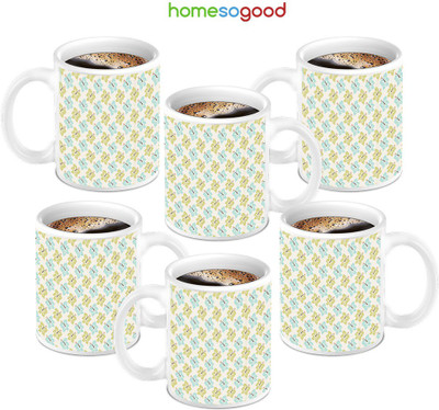 49% OFF on HomeSoGood White Magic With Green Flowers Ceramic Mug 280 ml, Pack of 6