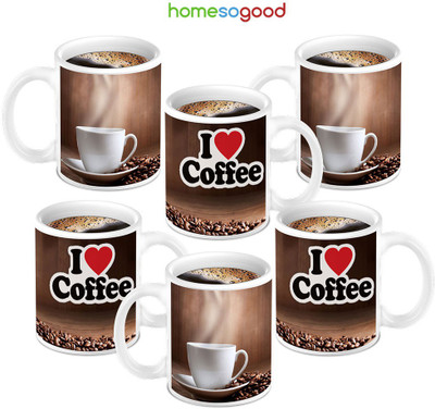 49% OFF on HomeSoGood I Love Coffee Printed Ceramic Mug 280 ml, Pack of 6