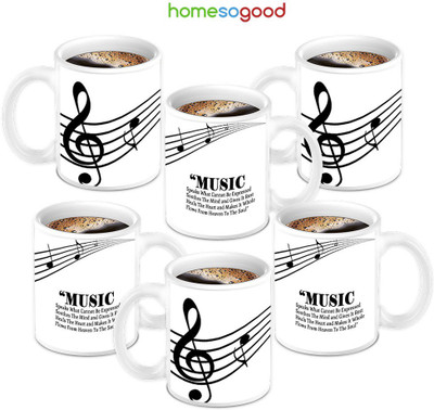 49% OFF on HomeSoGood Music With Stunning Quotes Ceramic Mug 280 ml, Pack of 6