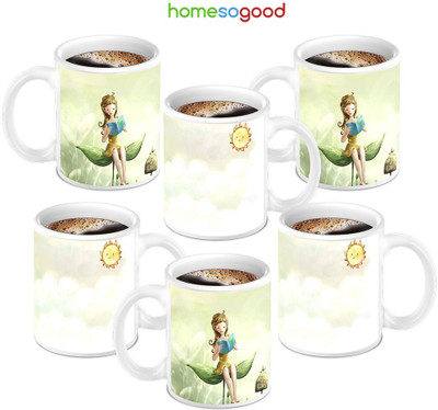 49% OFF on Homesogood Girl Reading On Sun Light Coffee Ceramic Mug 280 ml, Pack of 6