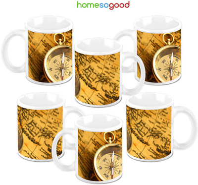 49% OFF on Homesogood A Vintage Compass Pack Of 6 Ceramic Mug 325 ml, Pack of 6
