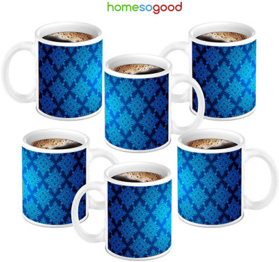 49% OFF on HomeSoGood Awesome Blue Square Pattern 6 Mugs Ceramic Mug 280 ml, Pack of 6