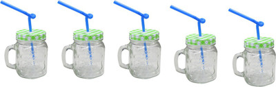 Blue Birds Multidrink Straw Jar Glass Mug (500 Ml, Pack Of 5)