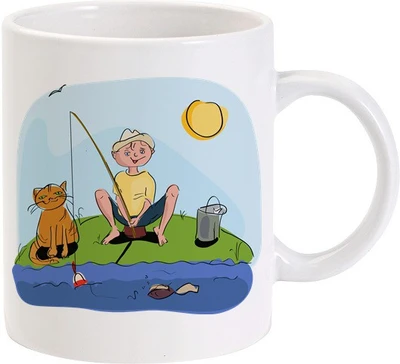 50% OFF on Lolprint Boy Fishing with Cat art Ceramic Mug 325 ml