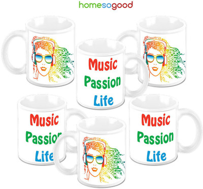 49% OFF on Homesogood Music Is Passion And Life Pack Of 6 Ceramic Mug 325 ml, Pack of 6