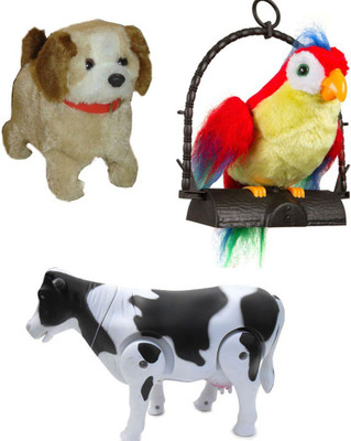A R Enterprises Jumping Dog, Talking Parrot And Walking Cow Combo Of 3 Toy (Multicolor)