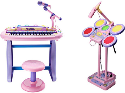 Buddy Fun 2 Piece Combo 37 Key Electronic Piano + Junior Jazz Drum - Educational Musical Toys (Pink)