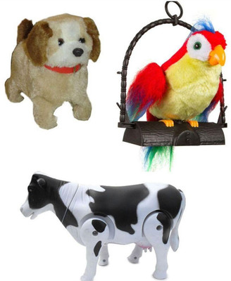 A R Enterprises Jumping Dog, Talking Parrot And Walking Milk Cow Combo Of 3 Toys (Multicolor)