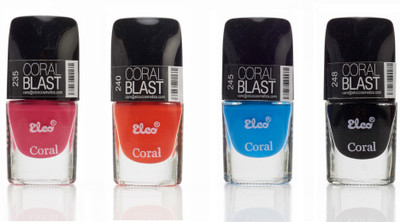 33% OFF on Elco Coral Nail Polish - Pack Of 4 24 ml Hot Pink, Pumpkin Orange, Sky Blue, Midnight Black 33% OFF on Elco Coral Nail Polish - Pack Of 4 24 ml Hot Pink, Pumpkin Orange, Sky Blue, Midnight Black