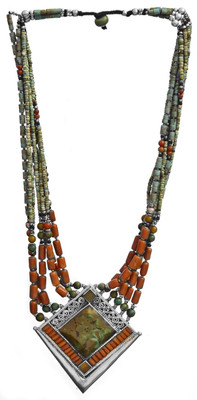 Exotic India Stylish Coral, Turquoise Sterling Silver Necklace