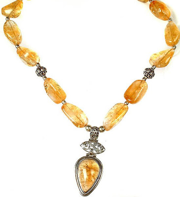 Exotic India Beaded With Central Pendant Citrine Sterling Silver Necklace