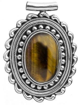 Exotic India Tiger Eye Oval Sterling Silver Pendant