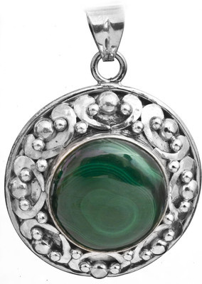 Exotic India Round Malachite Sterling Silver Pendant