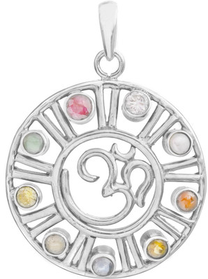 Exotic India Navaratna OM AUM Sterling Silver Pendant
