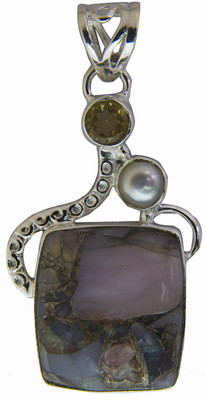 Exotic India Designer Agate, Citrine, Pearl Sterling Silver Pendant