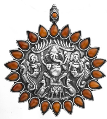 Exotic India Lord Ganesha South Indian Temple Jewelry Coral Sterling Silver Pendant