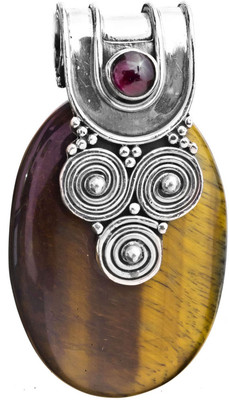 Exotic India Tiger Eye Spiral Garnet Sterling Silver Pendant