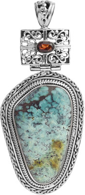 Exotic India Spider's Web Turquoise, Garnet Sterling Silver Pendant