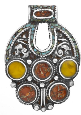 Exotic India Gemstone Inlay Turquoise, Coral Sterling Silver Pendant