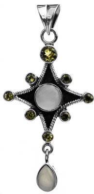 Exotic India Faceted Peridot, Chalcedony Sterling Silver Pendant