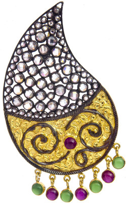 Exotic India Designer Paisley Ruby, Emerald Sterling Silver Pendant