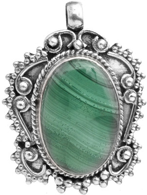 Exotic India Oval Malachite Sterling Silver Pendant