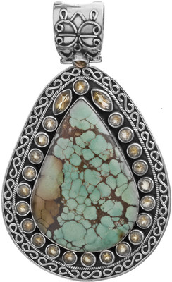Exotic India Designer Citrine, Turquoise Sterling Silver Pendant