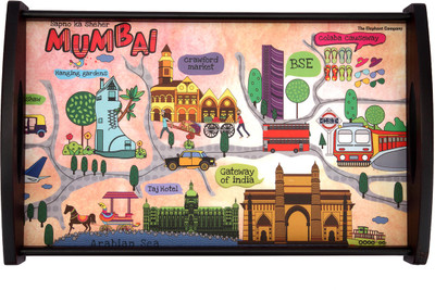 The Elephant Company Rectangle Tray Mumbai Map L Printed Wood Tray Multicolor, Pack of 1