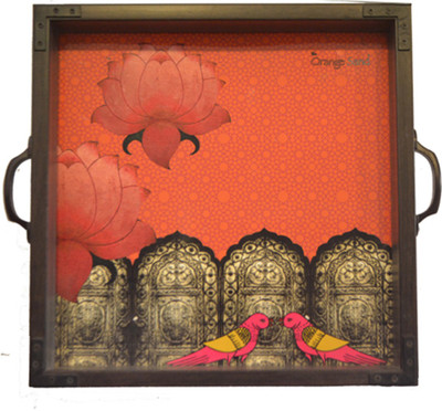 3% OFF on The Orange Sand Love Bird Lotus Printed Wood Tray Orange, Pack of 1