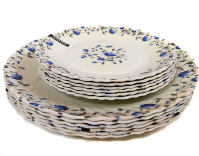 Wood & Kemp Smart Dinning Maria 12 Pieces Printed Melamine Plate Set (White, Blue, Pack Of 12)