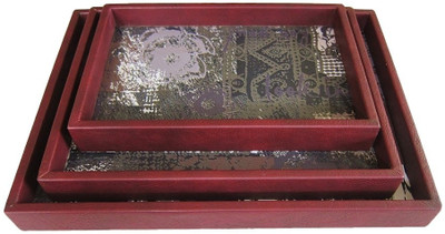 Belmun Red Leather Look Printed Wood Tray Set Belmun Red Leather Look Printed Wood Tray Set
