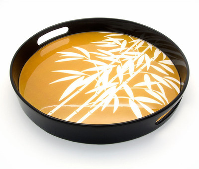 44% OFF on Giftease Golden Round Lacquer With Bamboo Leaves 13 Inch Solid Wood Tray Gold, Pack of 1