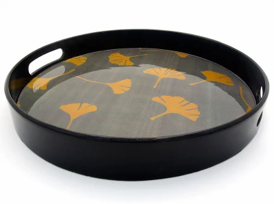 44% OFF on Giftease Round Lacquer With Leaves 13 Inch Solid Wood Tray Black, Pack of 1