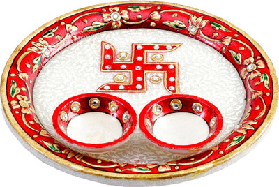 33% OFF on Aapno Rajasthan Aarti with Hand Painted Swastika on Marble Marble Pooja & Thali Set