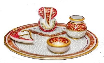 Cornerstone Hand Painted Marble Pooja & Thali Set