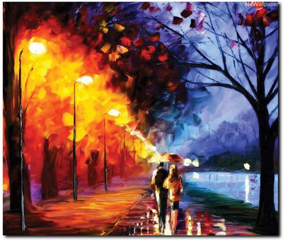57% OFF on Stybuzz Walking In Rain Couple Red And Blue Frameless Canvas Art