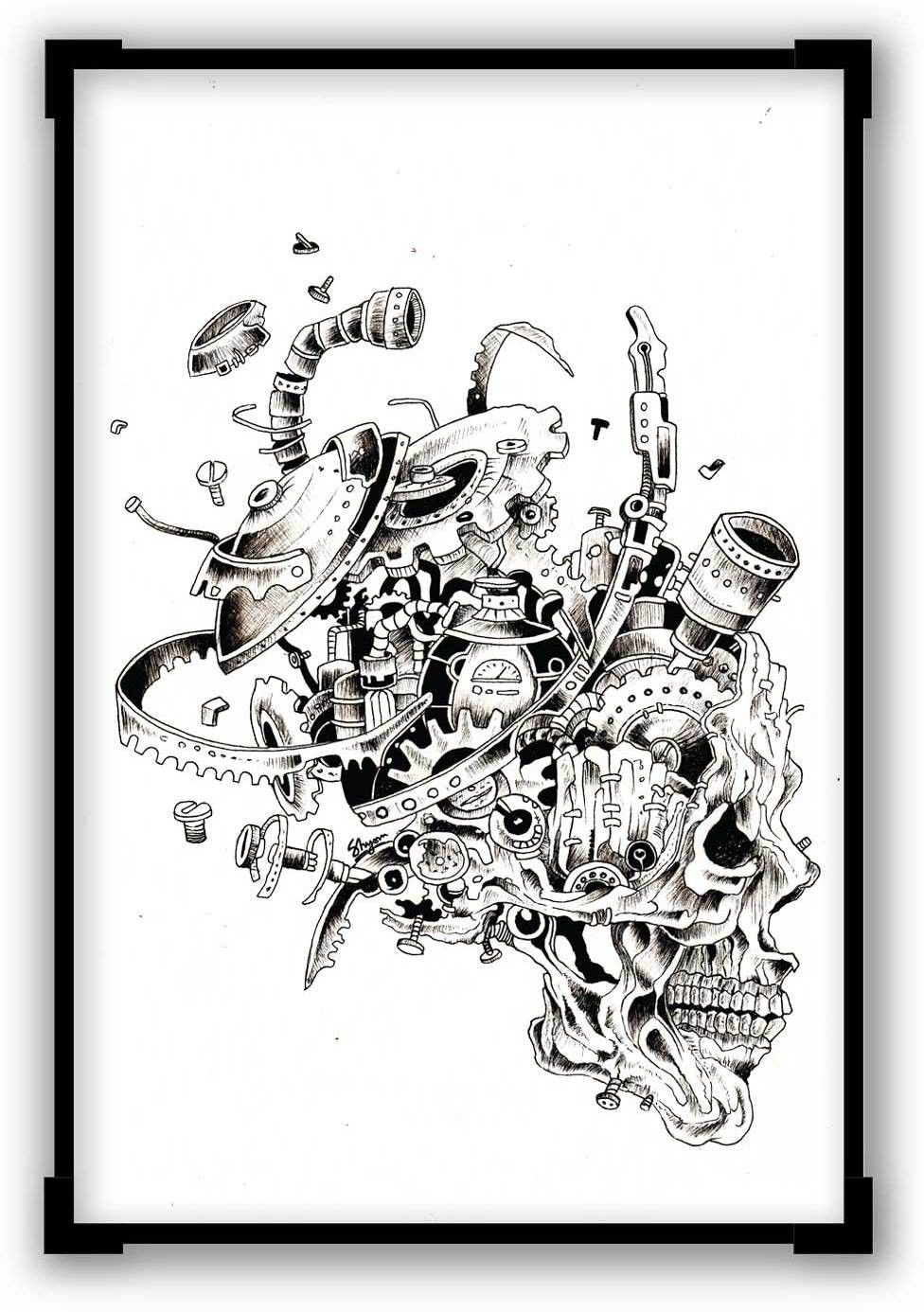 30% OFF on Mechanical Skull Line Art Sketch Matte Laminated Framed Poster Paper Print