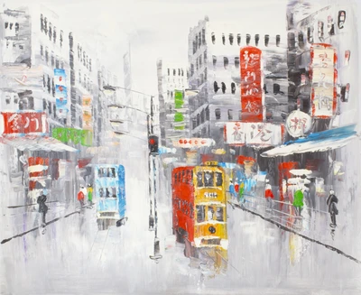 27% OFF on Handmade Oil Painting On Canvas - HongKong Nostalgia in colour By ArtSIngh (26 x 24 inch) Canvas Art
